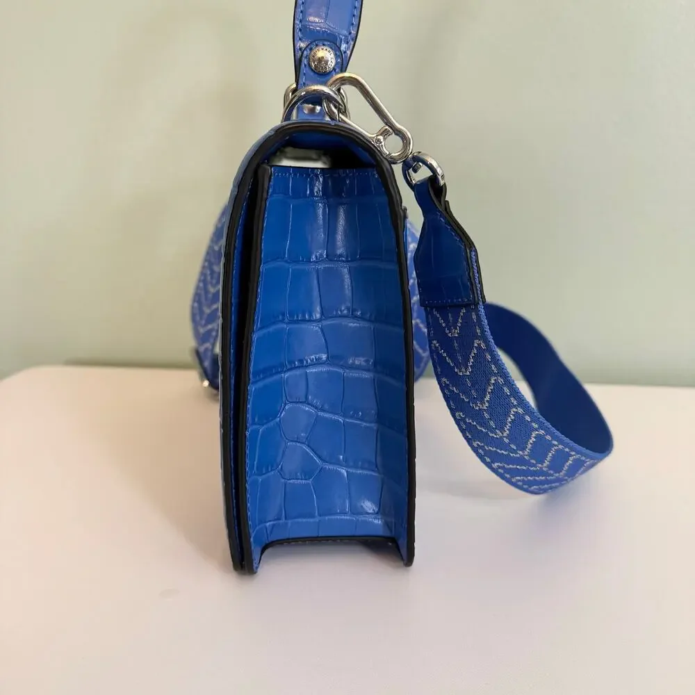 Karl Lagerfeld Simone Crossbody Bag Womens Blue Croc Leather Handbag Convertible